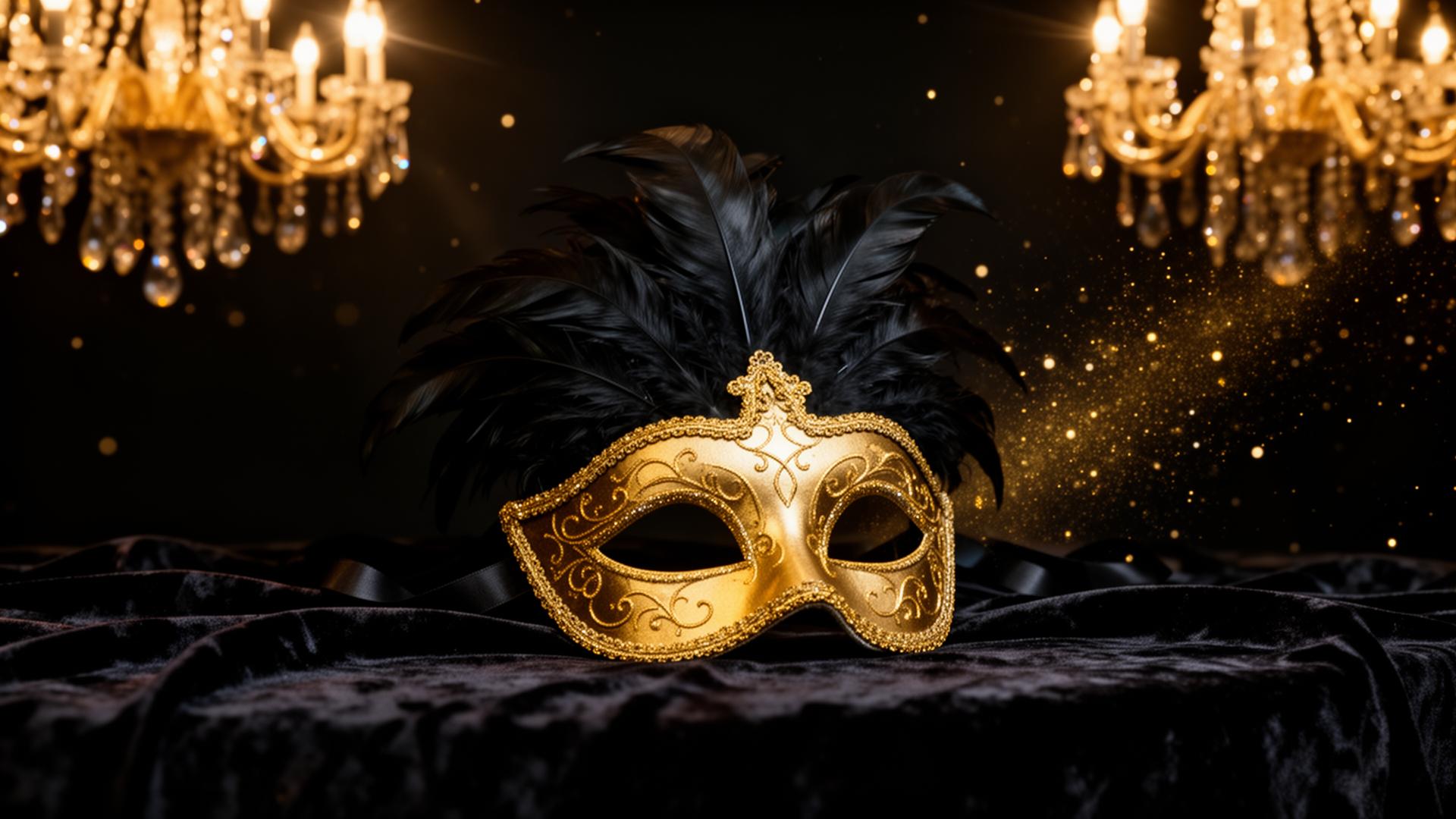 Golden masquerade mask beneath a crystal chandelier